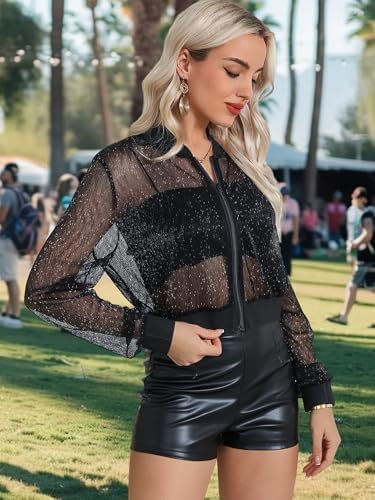 Nlife Women Sheer Mesh Sparkly Bomber Jackets See Thru Glitt...