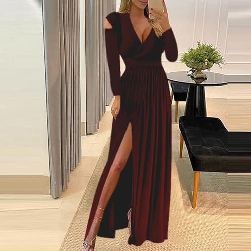 Women Long Sleeve Slit Maxi Long Dresses Deep V Neck Cold Sh...