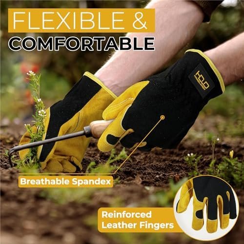 HANDLANDY Men Leather Gardening Gloves, Utility Work Gloves ...