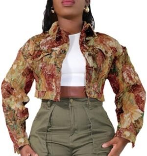 Cropped Bomber Jacket Women Cute Y2K Jacquard Long Sleeve Bu... Cropped Bomber Jacket Women Cute Y2K Jacquard Long Sleeve Bu...