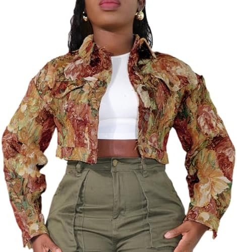 Cropped Bomber Jacket Women Cute Y2K Jacquard Long Sleeve Bu...