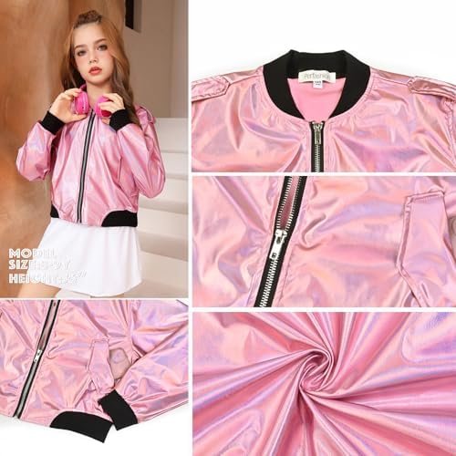 Perfashion Metallic Bomber Jacket for Girls Zip Up Cropped J...