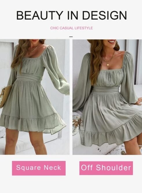 Dokotoo Womens Dress Long Lantern Sleeve Square Neck Tie Bac...