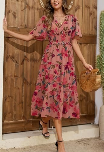 Kormei Women's V Neck Short Sleeve Boho Smocked Long Flowy S...