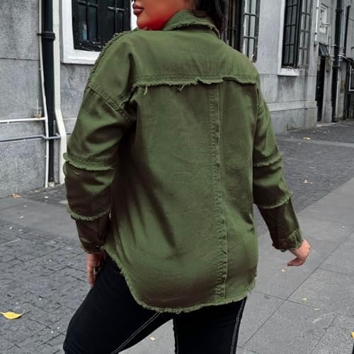 Women's Ripped Fringe Jean Jacket Oversized Button Down Long...