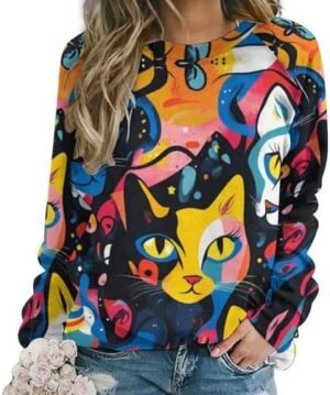 Womens Funny Cat Sweatshirt Long Sleeve Abstract Printed Cre... Womens Funny Cat Sweatshirt Long Sleeve Abstract Printed Cre...