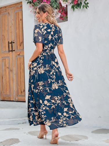 Simplee Women's Boho Floral Maxi Dress Flowy Casual V Neck S...