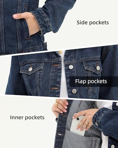 Argstar Denim Jacket for Women Button Up Long Sleeve with Po...