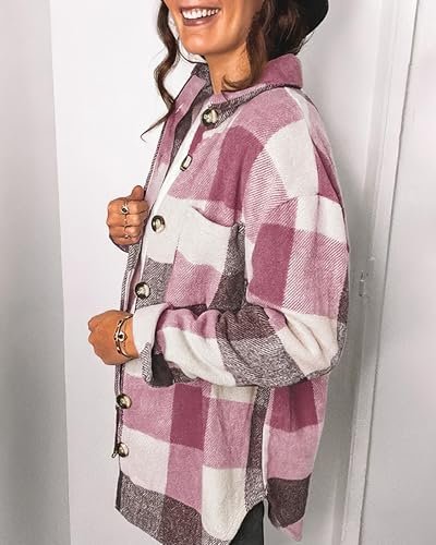 Flannel Shacket Jacket Women Plaid Shirt Button Down Long Sl...
