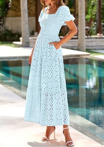 PRETTYGARDEN Summer Dresses for Women 2025 Eyelet Square Nec...