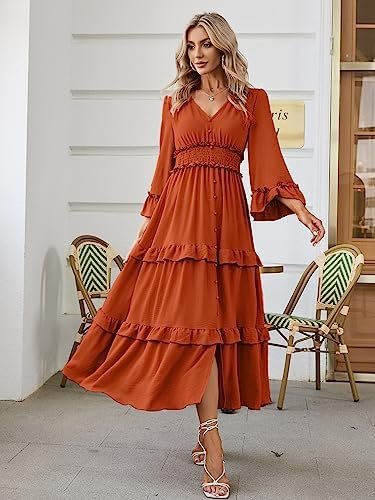 Amegoya Women's V Neck Long Sleeve Boho Maxi Dress Summer We...