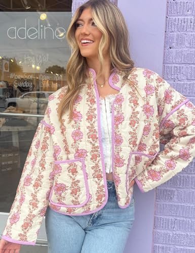 Yimoon Women's Cropped Puffer Quilted Jacket Vintage Floral ...