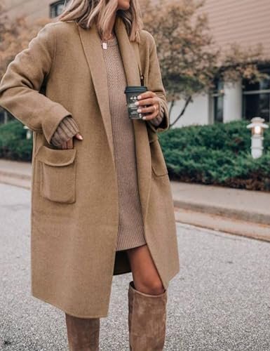 Hooever Women's Long Cardigan Wool Coat Open Front Pockets W...