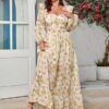 Women's Floral Puff Long Sleeve Maxi Dress Sexy Sweetheart C...