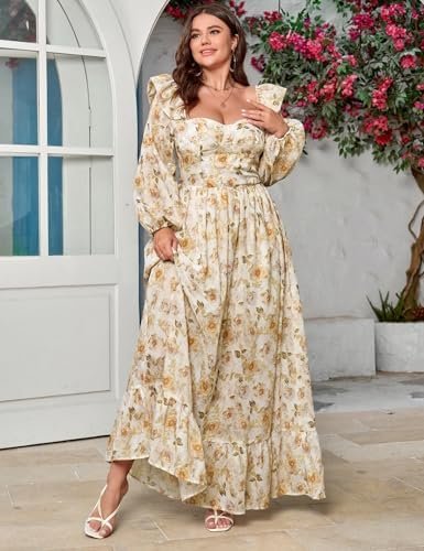 Women's Floral Puff Long Sleeve Maxi Dress Sexy Sweetheart C...
