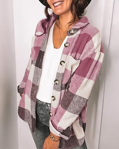 Flannel Shacket Jacket Women Plaid Shirt Button Down Long Sl...