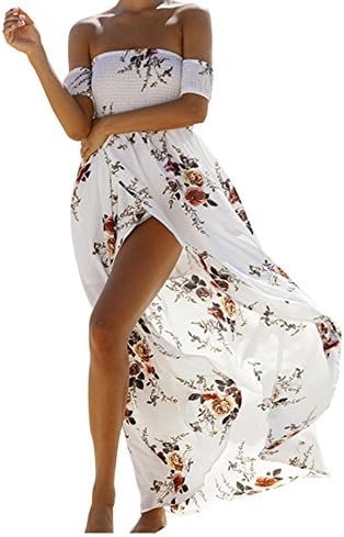 SVALIY Women Floral Off The Shoulder Split Chiffon Maxi Beac...