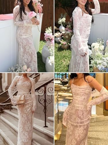 Women Cami Lace Maxi Dress Romantic Long Sleeve Lace Bodycon...