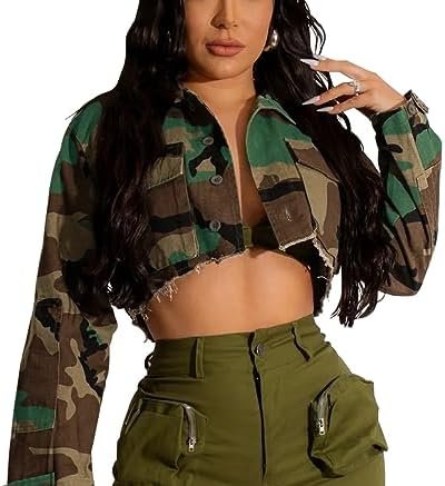 HTD Women's Cropped Jean Jacket Button Up Long Sleeve Ripped...