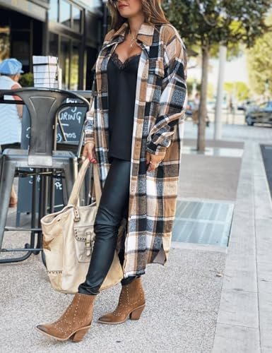 SKIKYAN Women Fall Flannel Plaid Shacket Jacket Oversized Bu...