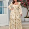 Women's Floral Puff Long Sleeve Maxi Dress Sexy Sweetheart C...