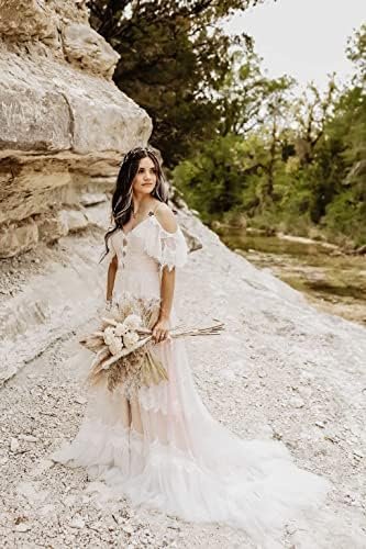 Women's Wedding Dresses Chic Lace Evening Dresses V Neck Ruf...