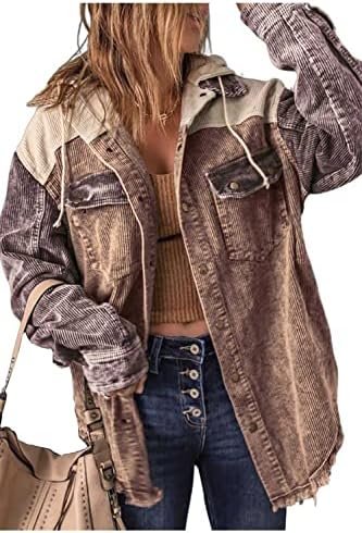 Ru Sweet Women's Corduroy Hooded Colorblock Long Sleeve Jack...