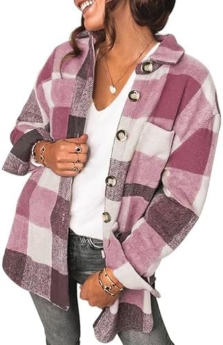 Flannel Shacket Jacket Women Plaid Shirt Button Down Long Sl...