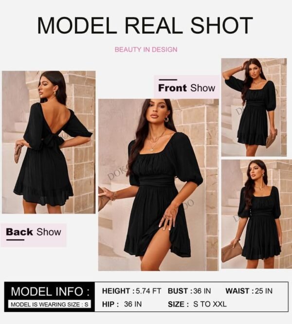 Dokotoo Womens Summer Dresses Square Neck Tie Back Lantern S...