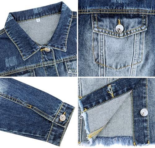 LONGYIDA Women's Cropped Denim Jacket | Distressed Button-Do...