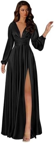Long Sleeve Bridesmaid Dresses for Women Satin V Neck Slit Long Sleeve Bridesmaid Dresses for Women Satin V Neck Slit A...