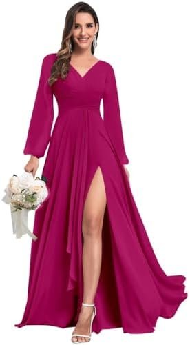 TORYEMY Chiffon Bridesmaid Dresses with Sleeves Long V Neck ... TORYEMY Chiffon Bridesmaid Dresses with Sleeves Long V Neck ...