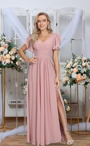 Rmaytiked Bridesmaid Dresses for Women with Slit V Neck Flut...