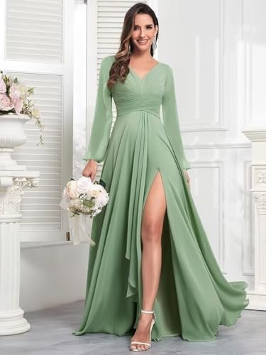 TORYEMY Chiffon Bridesmaid Dresses with Sleeves Long V Neck ...