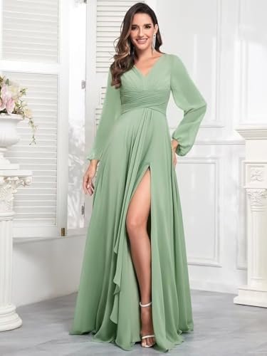 TORYEMY Chiffon Bridesmaid Dresses with Sleeves Long V Neck ...
