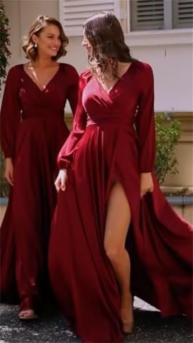 41P8rRPS-hL._AC_.jpg Long Sleeve Bridesmaid Dresses for Women Satin V Neck Slit A...