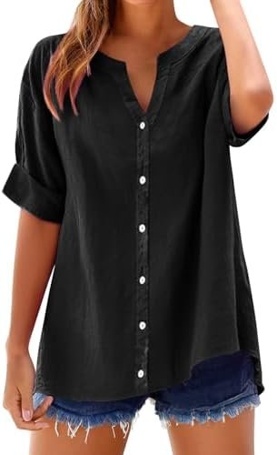 Linen Tops for Women Summer Shirts Trendy Button Down Plus S...