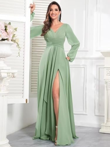 TORYEMY Chiffon Bridesmaid Dresses with Sleeves Long V Neck ...