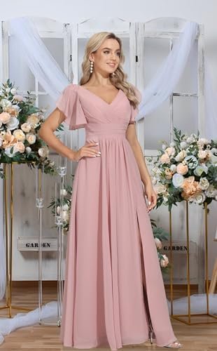 Rmaytiked Bridesmaid Dresses for Women with Slit V Neck Flut...