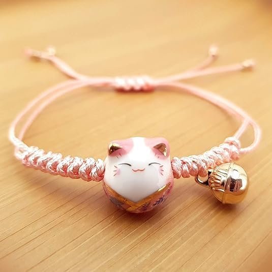 Pink Lucky Cat Maneki Neko Bacelet Adjustable Ceramic Bead G...