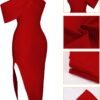 UONBOX Women's One Shoulder Side Split Asymmetrical Bodycon ...