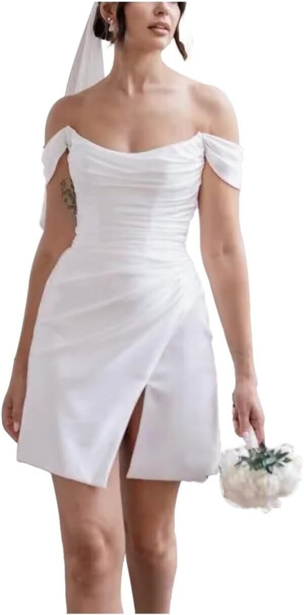 Off-Shoulder Mini Wedding Dress for Bride Satin Cowl Neck Sh...