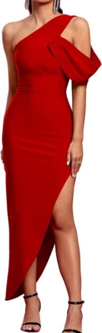 UONBOX Women's One Shoulder Side Split Asymmetrical Bodycon ...