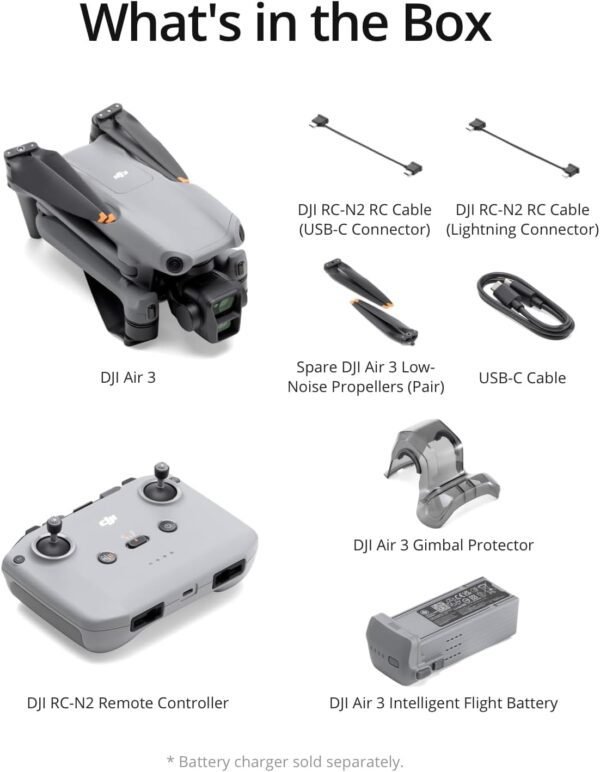 DJI Air 3 (DJI RC-N2), Drone with Medium Tele & Wide-Angle Dual Primary Cameras, 46-Min Max Flight Time, Omnidirectional Obstacle Sensing, 48MP Photos, 4K/60fps HDR, Compliance with FAA Remote ID