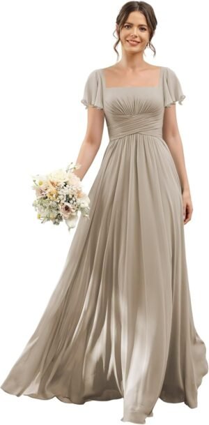 Women's Flutter Sleeves Bridesmaid Dresses with Slit Chiffon... Women's Flutter Sleeves Bridesmaid Dresses with Slit Chiffon...