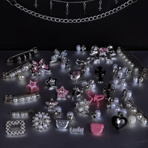 62pcs Silver Set Sock Charm Set, Safety Pin Brooch, Rhinesto...