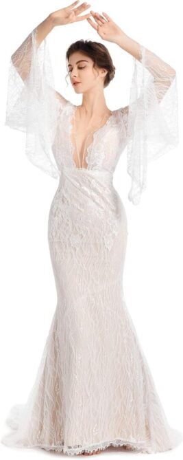Luxury Lace Flare Sleeves Mermaid Wedding Dress Boho Beach S...