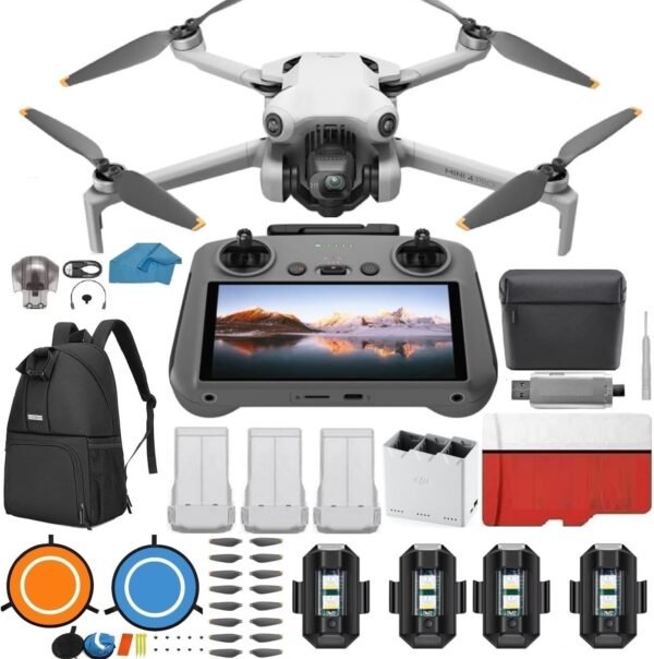 DJI Mini 4 Pro Folding Drone with RC 2 Remote DJI Mini 4 Pro Folding Drone with RC 2 Remote (With Screen) Fly More Combo, 4K HDR Video Camera for Adults, Under 249g, Omnidirectional Sensing, 3 Batteries Bundle with 128 gb SD Card Strobe Lights and More