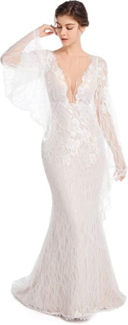 Luxury Lace Flare Sleeves Mermaid Wedding Dress Boho Beach S...