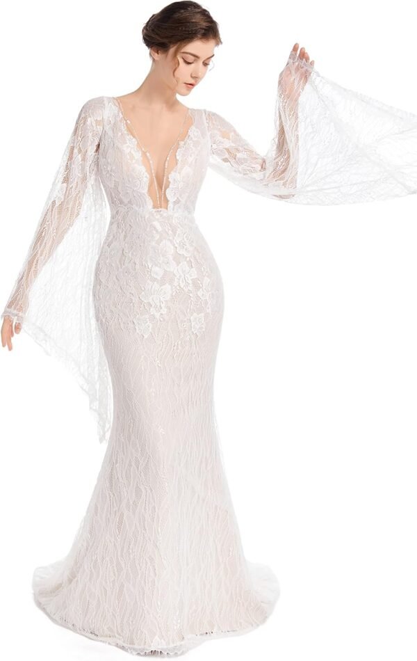 Luxury Lace Flare Sleeves Mermaid Wedding Dress Boho Beach S...